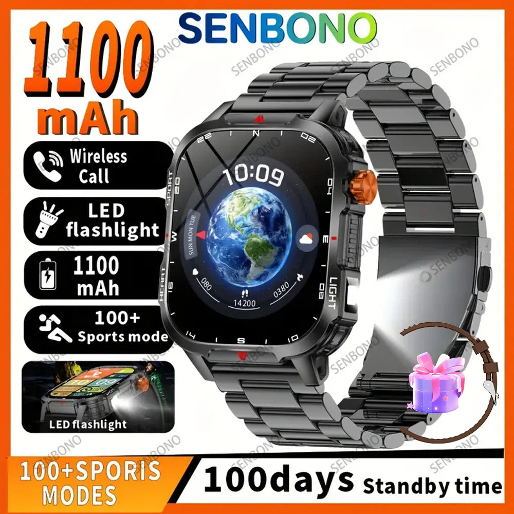 SENBONO Men's Smart Watch 1100mAh Battery 25+ Day Use Time Bluetooth Call Compass IP68 Waterproof Sport Smartwatch For Men Women