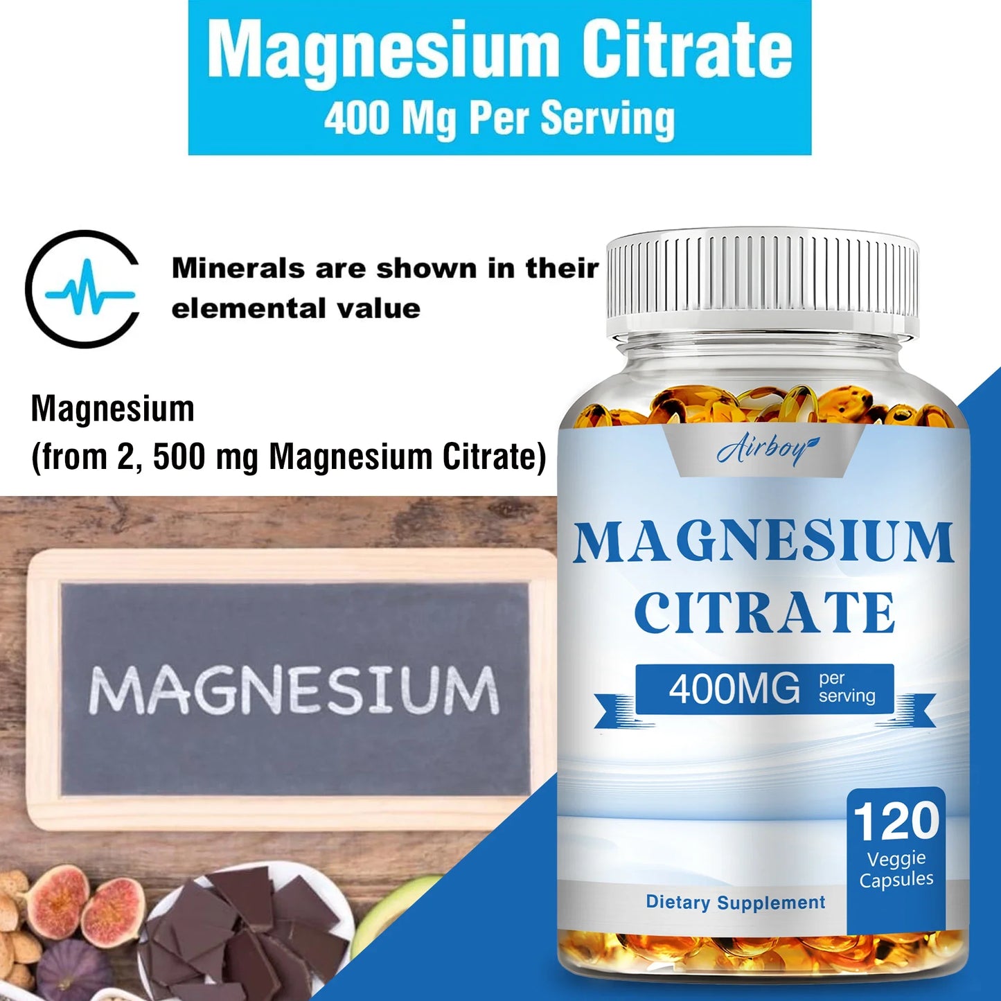 Magnesium Citrate Capsules - Supports Muscle, Nerve, Joint and Heart Health, Improves Sleep Quality - 120 Capsules