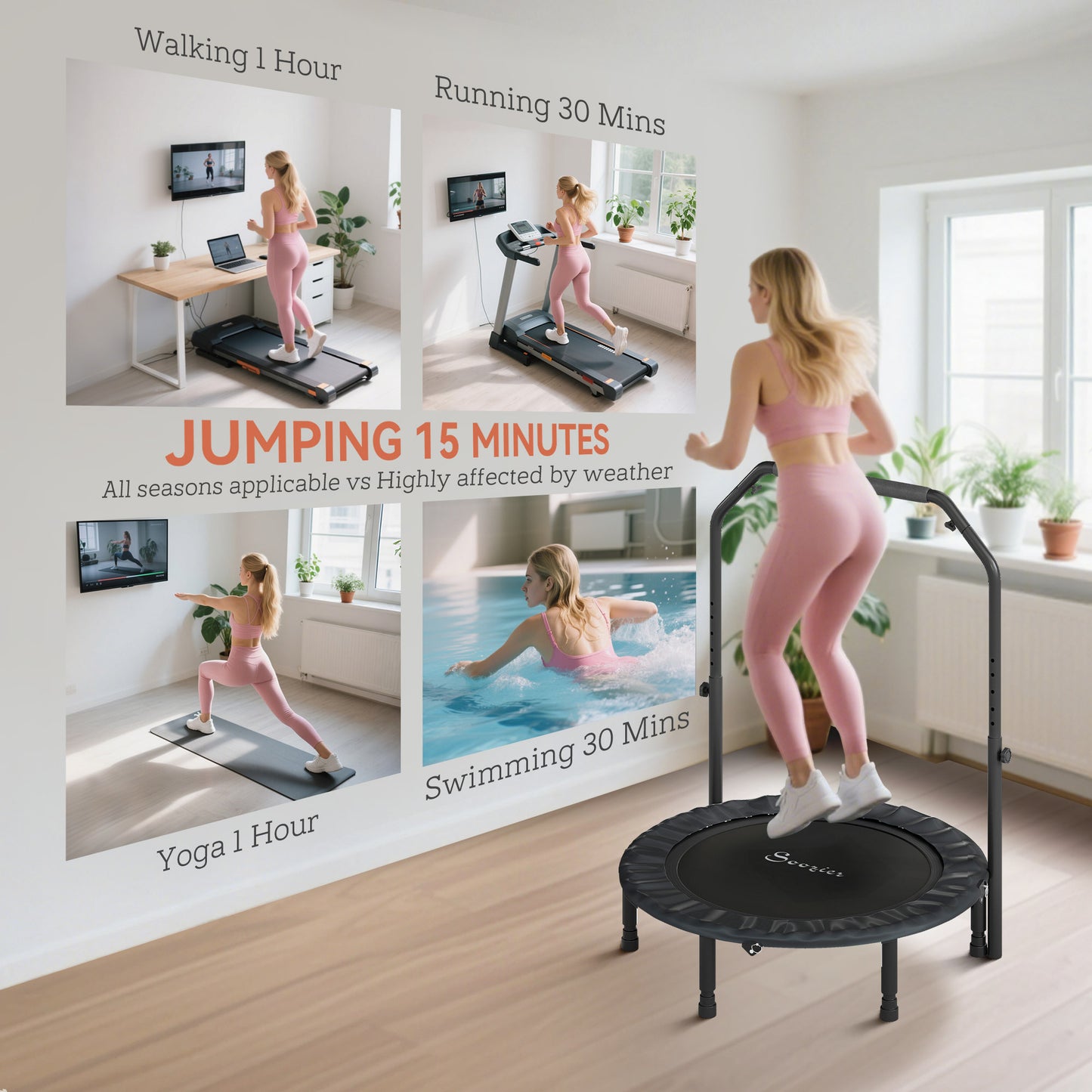 Soozier Foldable Mini Trampoline With Adjustable Foam Handle