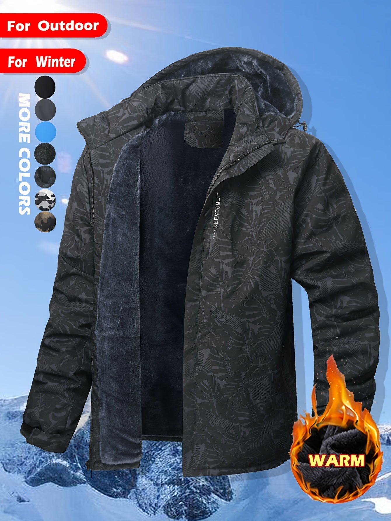 Keevoom Coat Hooded Fleece-Lined Winter Water-Resistant
