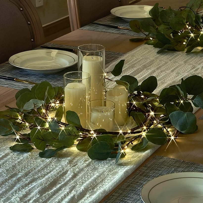 1pc, 6ft Illuminated Eucalyptus Garland Artificial Greenery Branches Lights for Room Staircase Outdoor Wedding Holiday Christmas Valentine's Day Decoration Indoor Event Party Home Decor (Battery Operated, Batteries Not Includ