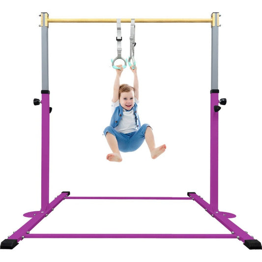Adjustable Gymnastics Bar with Mat - Heavy-Duty Steel Frame & Foam Grip, 250 lbs Capacity, 3'-5' Height Adjustable Horizontal Kip Bar with Rings for Home Training, Easy Assembly with Tools Included, Ideal for Ages 3-15, Indoo