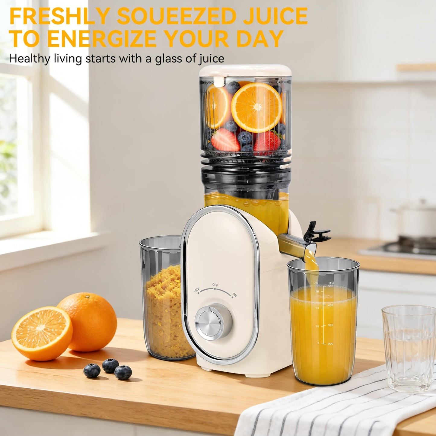 5.2" XL Wide Chute Cold Press Juicer & Blender 2-in-1 | Whole Fruit Slow Masticating Juicer, High Yield Smoothie Maker, Easy Clean, Portable Shake Blender for Healthy Kitchen, Plastic, Square Shape, Plug Powered, 110V-120V, 1