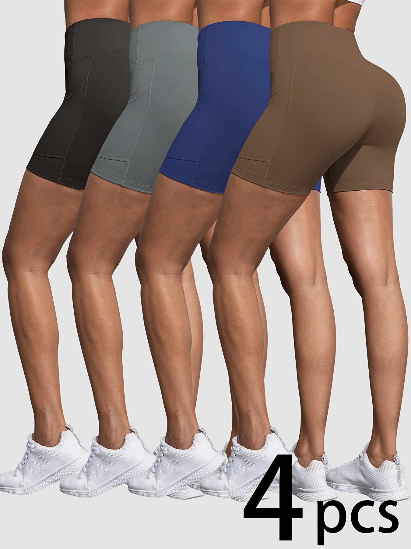 4 Pack Biker Shorts for Women with Pockets, 5" High Waisted Tummy Control Workout Yoga Running Gym Tennis Shorts