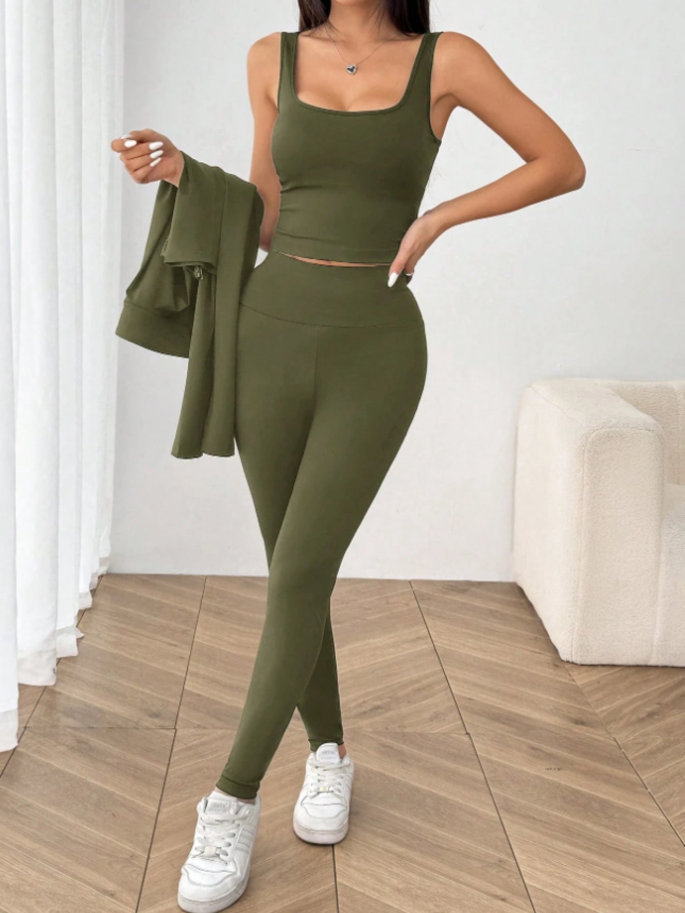 Yoga Set Zip-Up Cardigan, Camisole And Leggings Polyester Blend