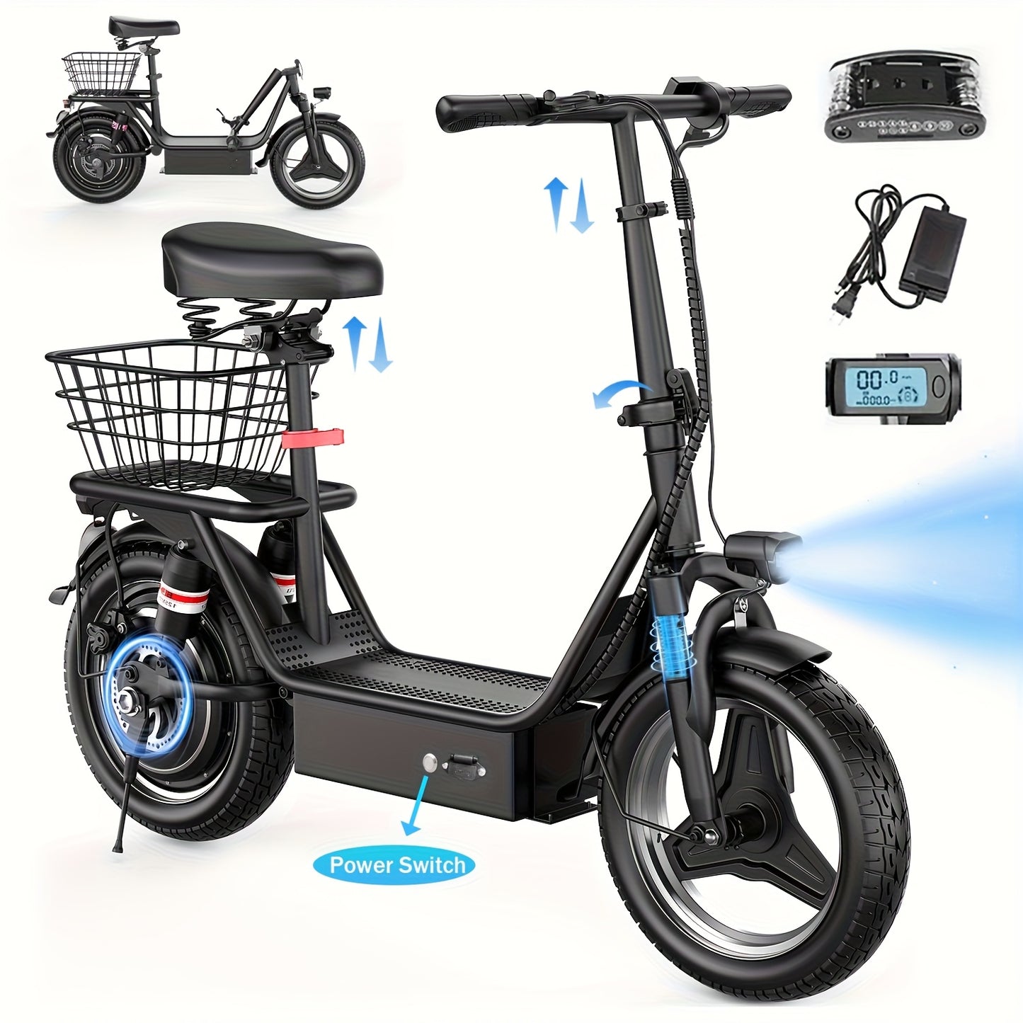 650W High-Power Electric Scooter with Front Basket & Anti-Slip Floor Mats - 48V 13A Motor, 25-Mile Range, 3-Speed Modes, Dual Disc Brakes & Full Suspension - Heavy-Duty Adult E-Scooter Suitable for Commuting, Riding on Any Te