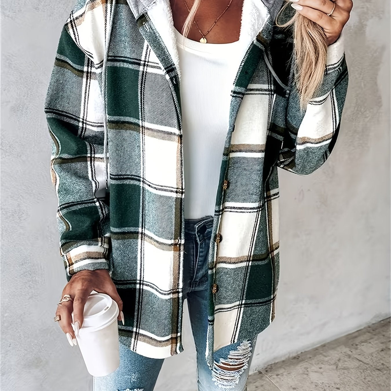 SCACTO Shacket Plaid Pattern Fleece-Lined Hooded Jacket