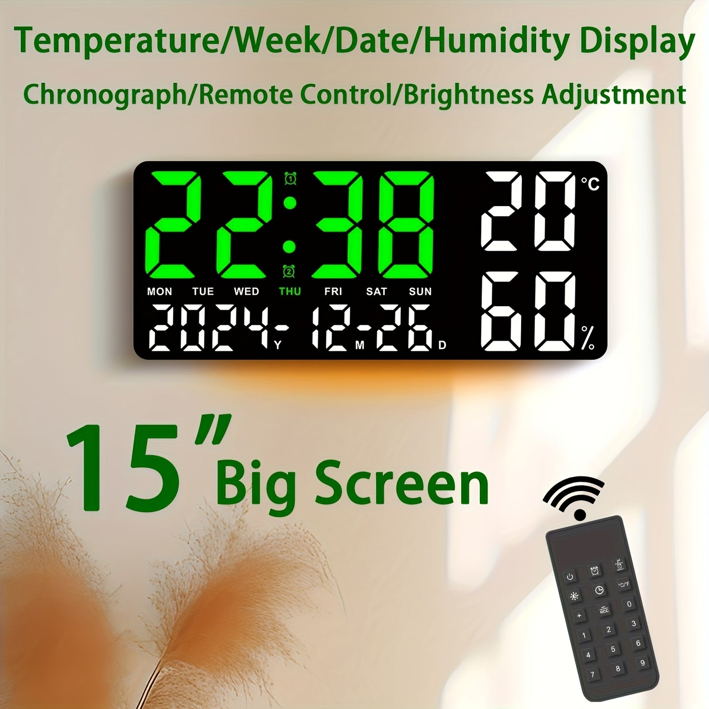 15" Modern Large Screen LED Alarm Clock with Date, Week, Temp, Humidity, Timer, Remote & Adjustable Brightness - Stylish Gift for Dad, Ideal for Seniors, Bedroom, Office, Or Living Room