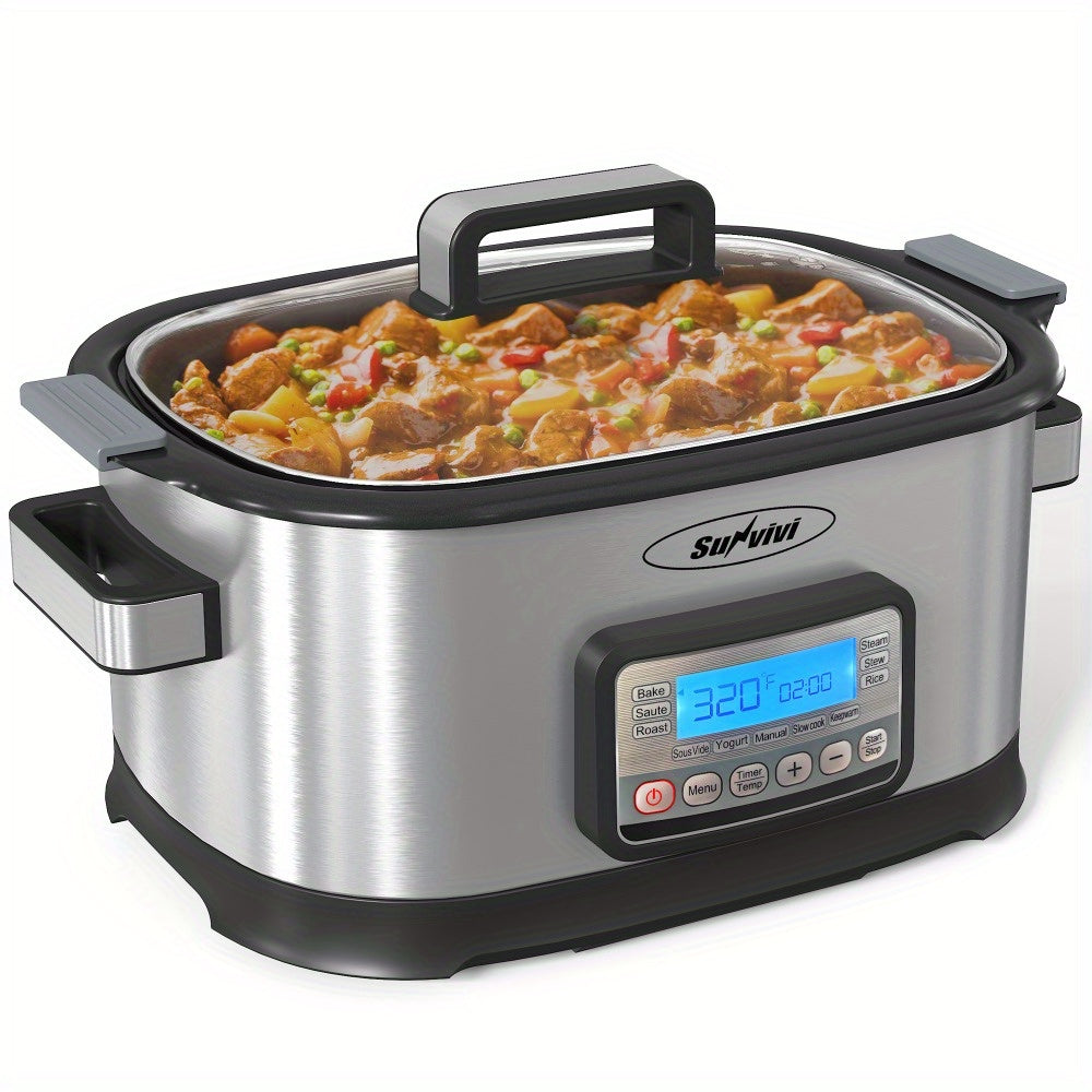 6.5QT 11-in-1 Silver Slow Cooker Digital Programmable Roaster Oven with Rack Nonstick Crock Glass Lid Timer Temp Control Delay Start for Spring Family Meals