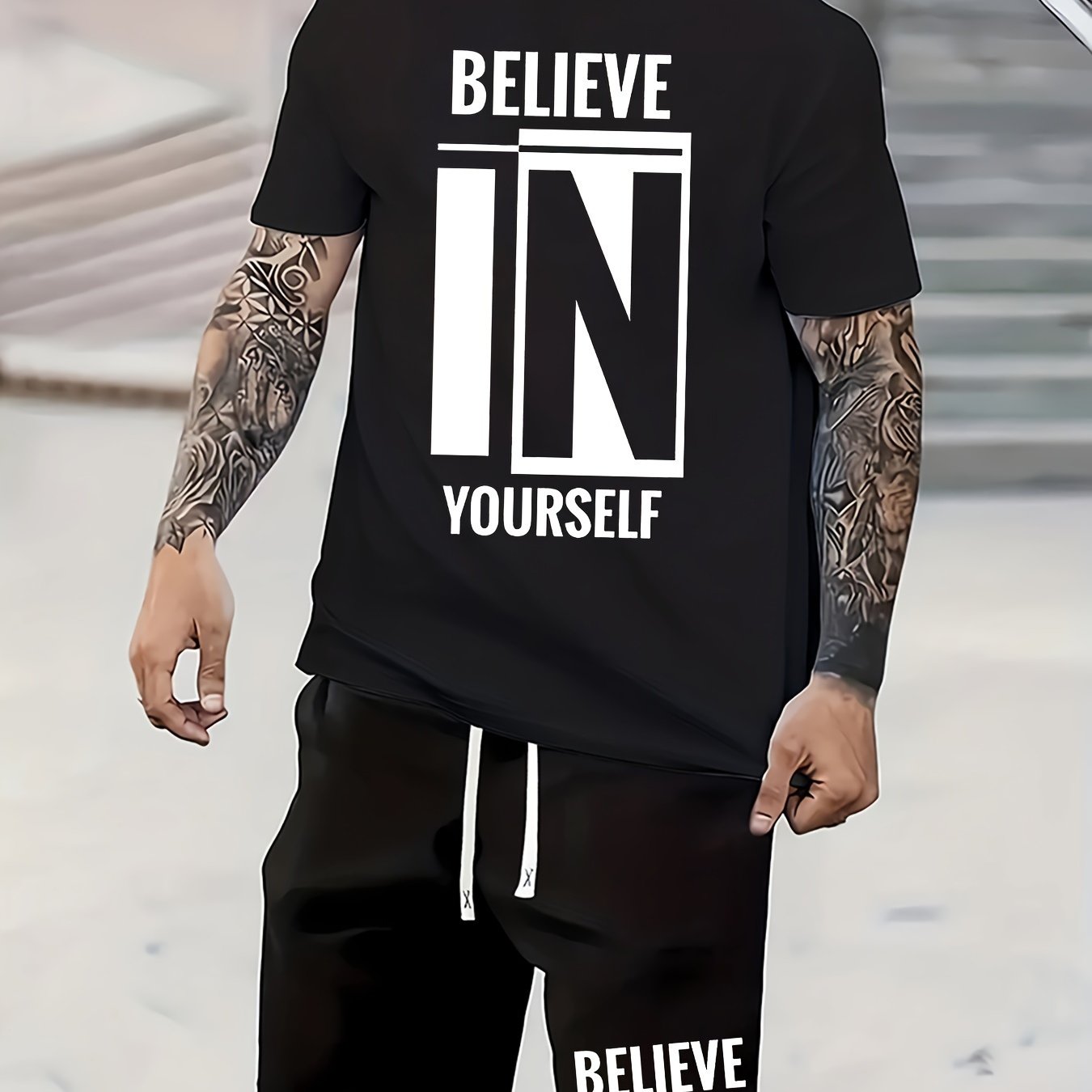 Men's Gym Set Breathable Motivational Tee And Shorts