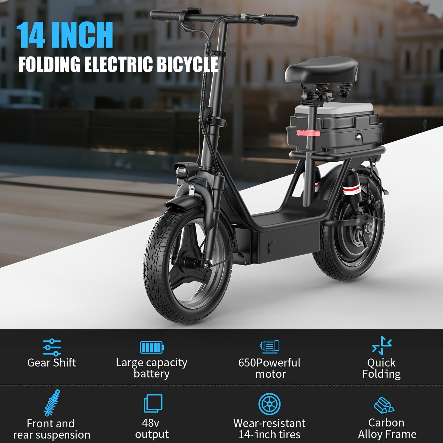 Electric Scooter for Adults Featuring a 650W/350W Peak Motor, Capable of Covering Distances of 21 to 30 Miles. It Includes a Seat, Box, And Basket, Along with Disc Brakes. The Scooter Operates on a 48V 15A Or 36V 7.5A System