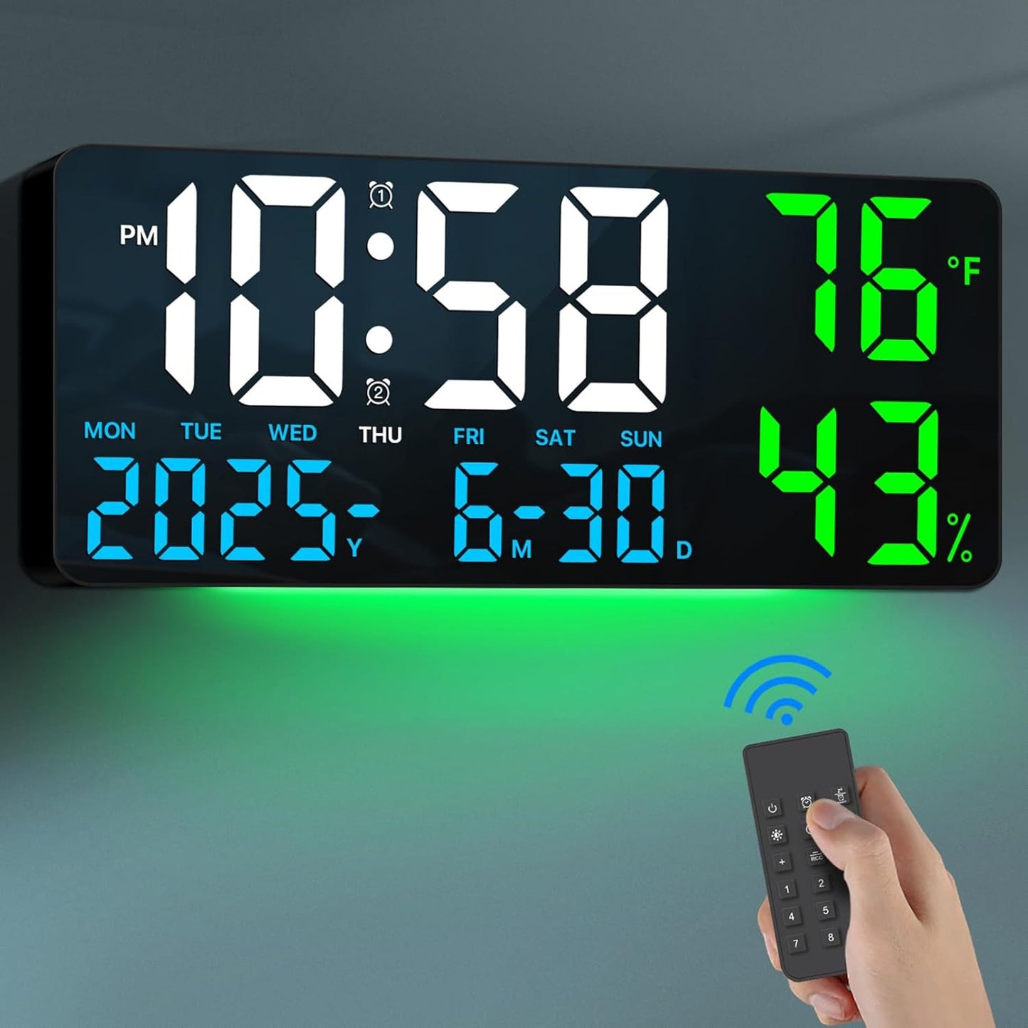 14.6" Large Digital Wall Clock with Remote Control, Dual Alarm, Big LED Display, Night Light, Humidity, Date, Week, Temp - Perfect Father'S Day Gift for Living Room, Bedroom, Elderly