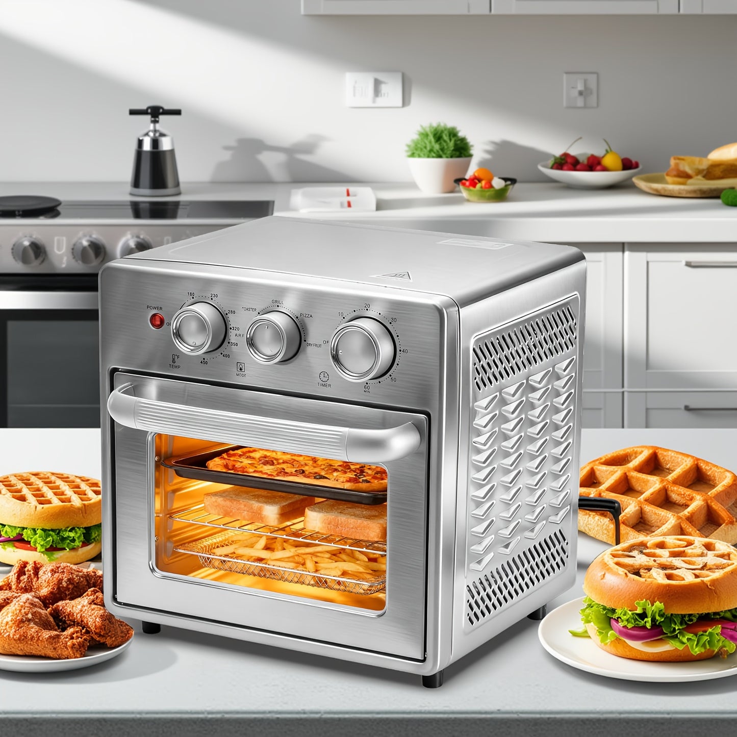 Air Fryer Toaster Oven Combo, Large/ Extra Large Countertop Convection Oven, 450°F, Stainless Steel, Includes 4/7 Accessories (Rotisserie, Tray, Rack, Pan)