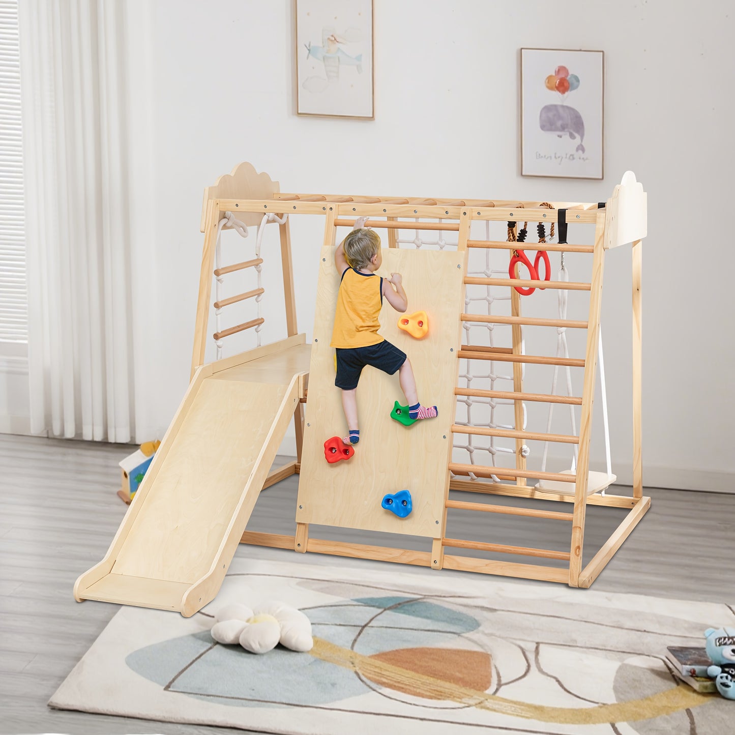 8-in-1 Indoor Jungle Gym Playset with Slide, Swing, Climbing Rocks & Net - Sturdy Wooden Construction, Soft Beige & Natural Wood Color, Multi-Level Activity Center with Ramp, Monkey Bars, Ring Toss, Storage Shelf - Safe Round