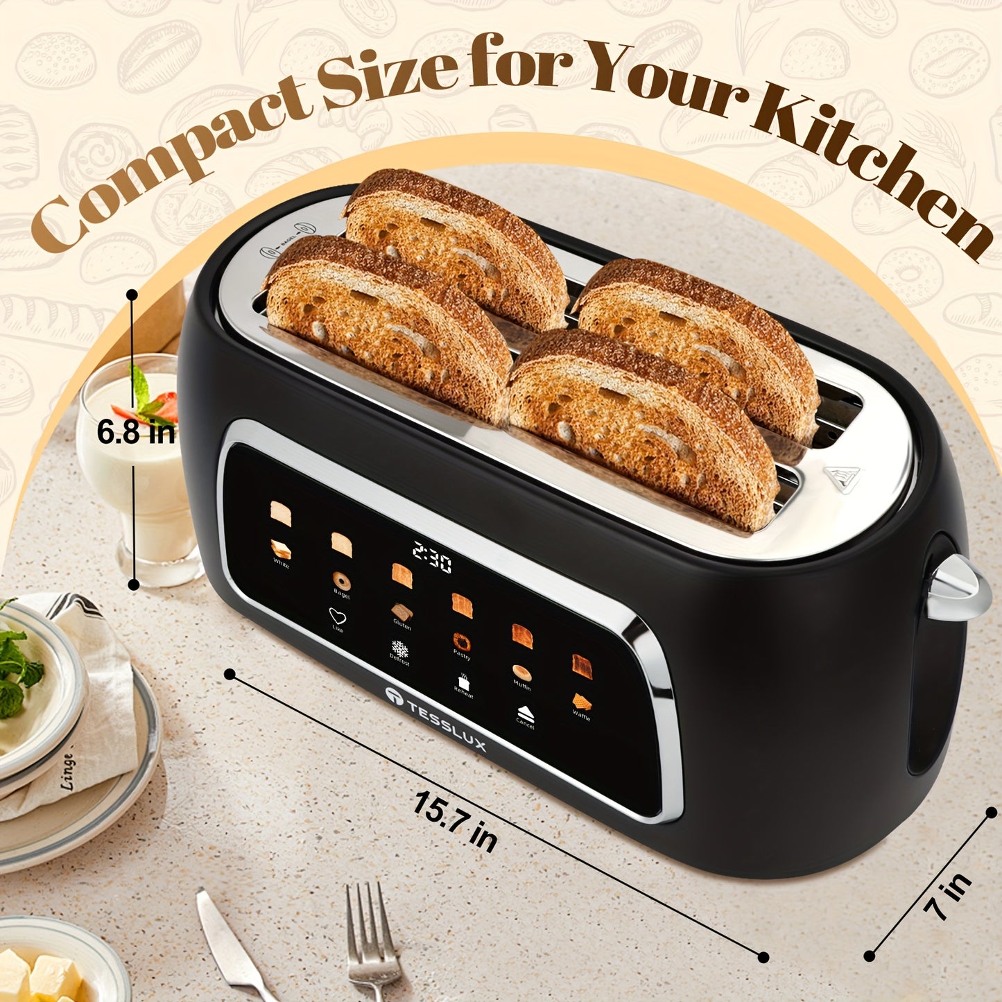 4 Slice Toaster With Touch Screen Control, 1.5" Wide Long Slots, 6 Browning Levels & 6 Bread Types, Digital Timer, Memory, Defrost, Reheat (BLACK)