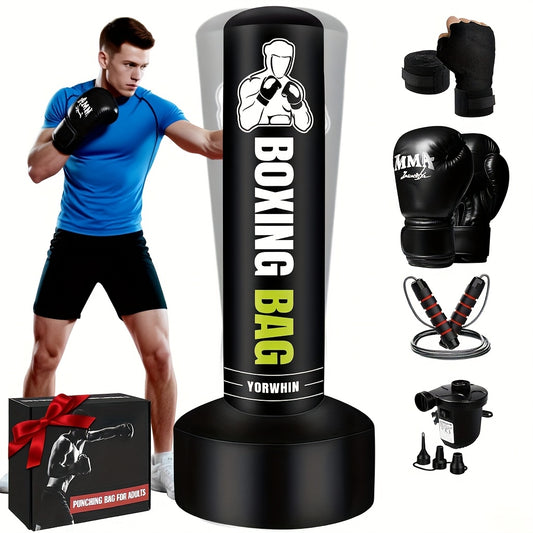 [Heavy-Duty|70" Punching Bag] Heavy-Duty 70" Freestanding Punching Bag with Stand | Gloves, Pump & Jump Rope - Durable PVC Boxing Bag for Adults & Teens, MMA, Muay Thai, Karate Training - Home Gym Fitness Equipment, Black, Ki