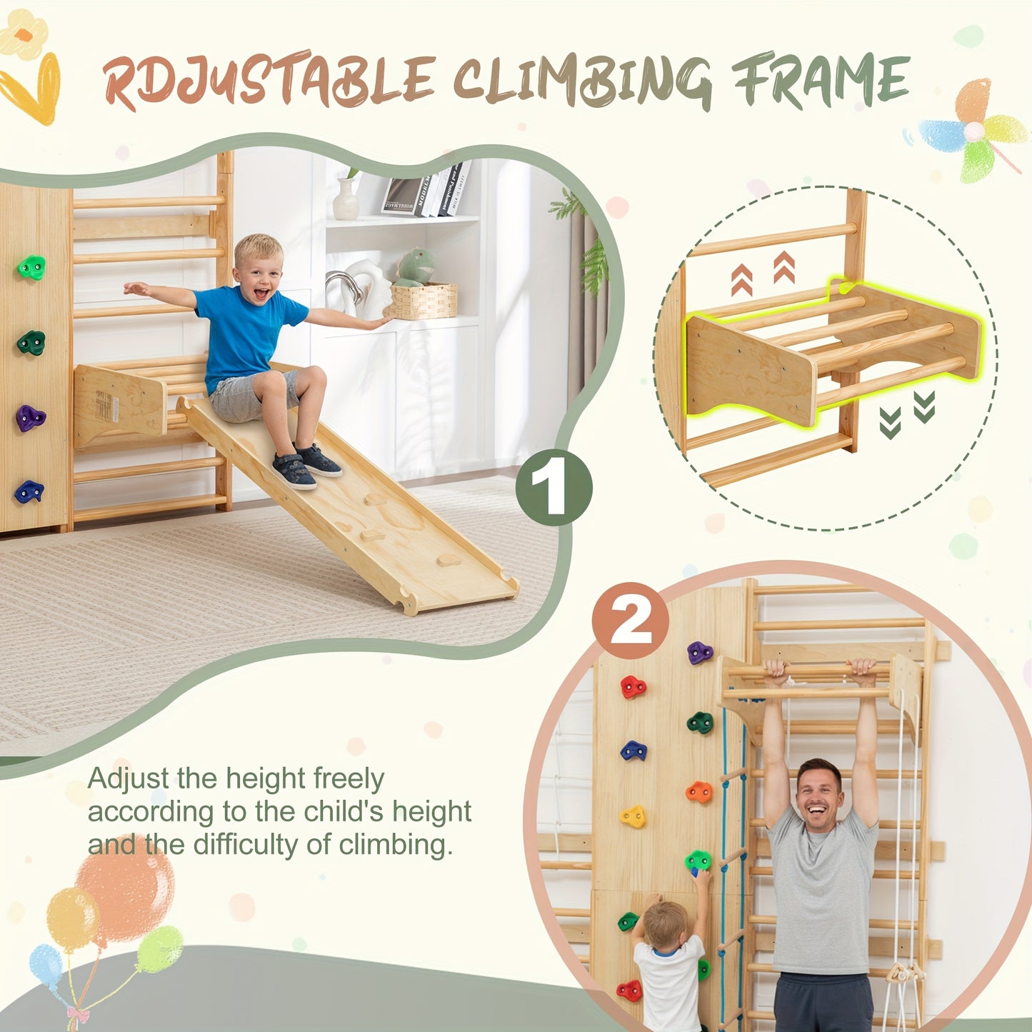 10-in-1 Solid Wood Swedish Ladder Wall Gym - All-in-One Kids & Adult Climbing Frame with Rock Wall, Gymnastics Rings, Pull-Up Bars, Slide, Swing Set | Indoor/for home Playground Equipment, Easy Assembly, Space-Saving Multi- A