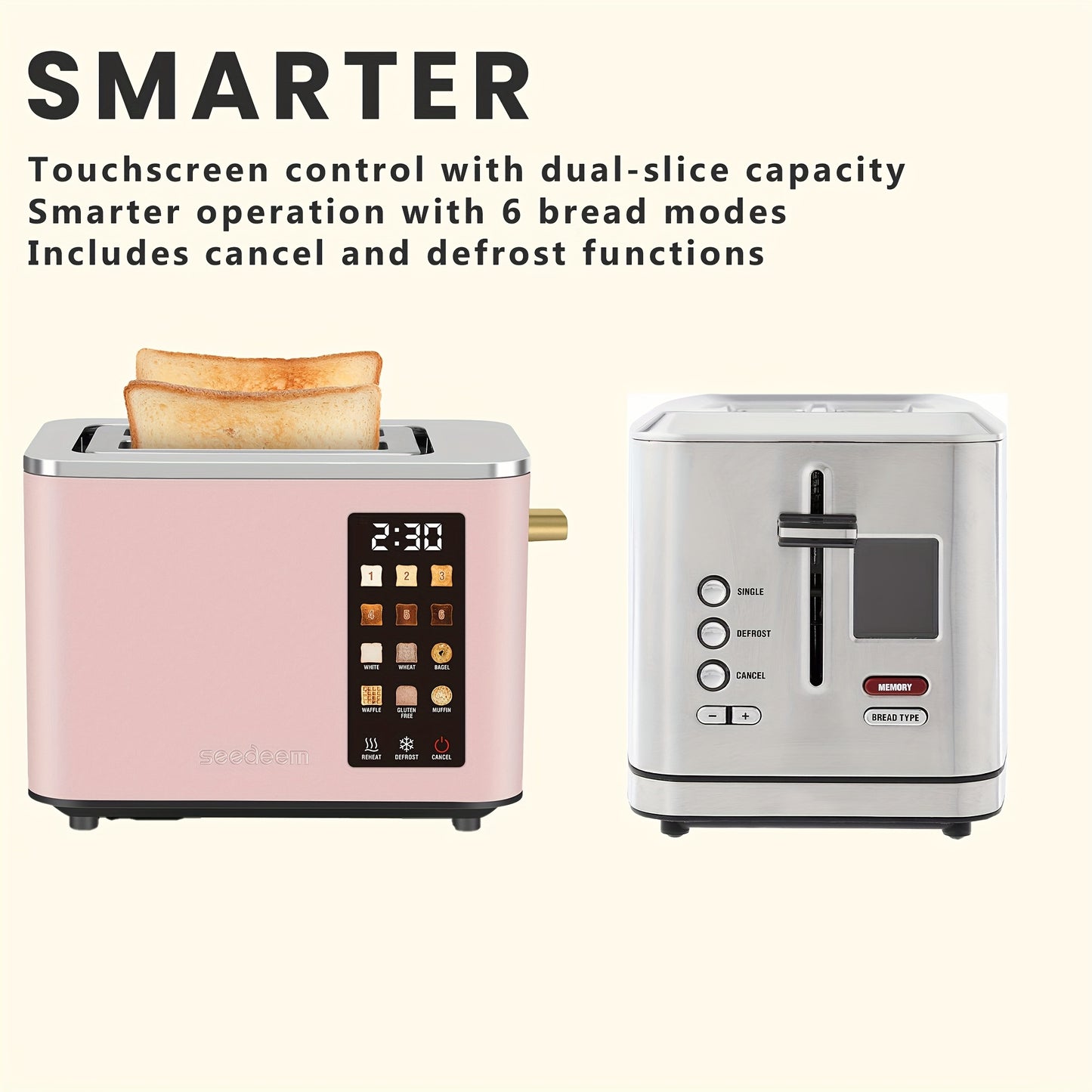 Touch Screen, Intelligent Stainless Steel 2pcs Toaster, 6 Tone Settings, 6 Bread Choices, Countdown, Unfreezing Cancellation And Other Functions, Movable Bread Crumb Tray, 900 Watts.
