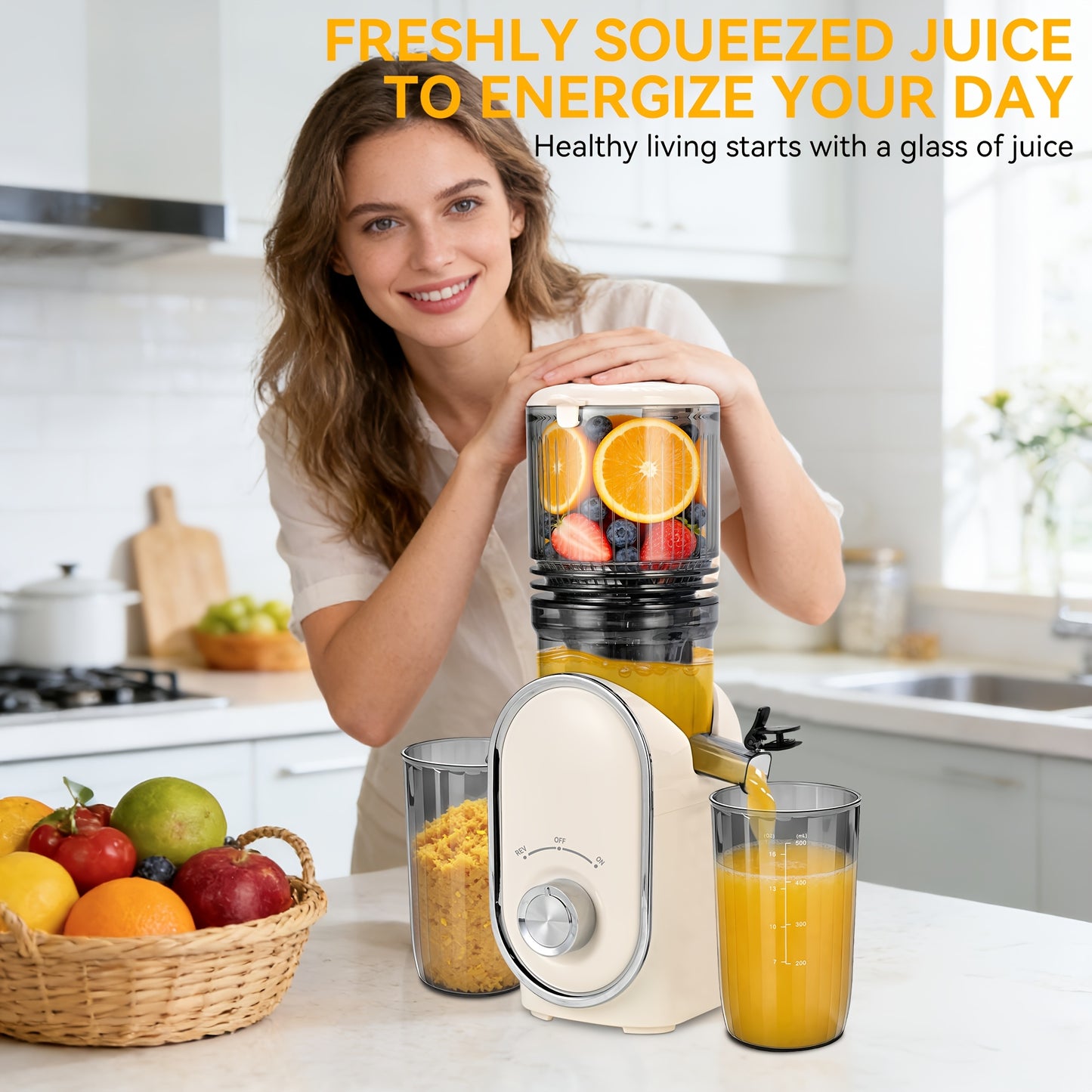 5.2" XL Wide Chute Cold Press Juicer & Blender 2-in-1 | Whole Fruit Slow Masticating Juicer, High Yield Smoothie Maker, Easy Clean, Portable Shake Blender for Healthy Kitchen, Plastic, Square Shape, Plug Powered, 110V-120V, 1