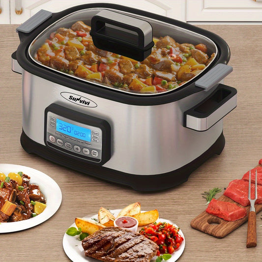 6.5QT 11-in-1 Silver Slow Cooker Digital Programmable Roaster Oven with Rack Nonstick Crock Glass Lid Timer Temp Control Delay Start for Spring Family Meals