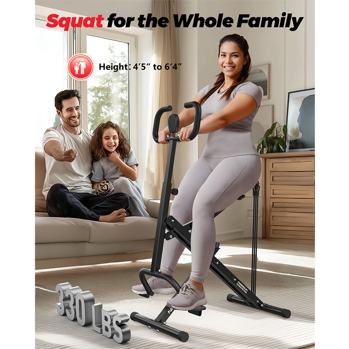 Squat Machine for Home Foldable Exercise Equipment Squat Rowing Machine with 3 HighStrength Resistance Band, Without Battery