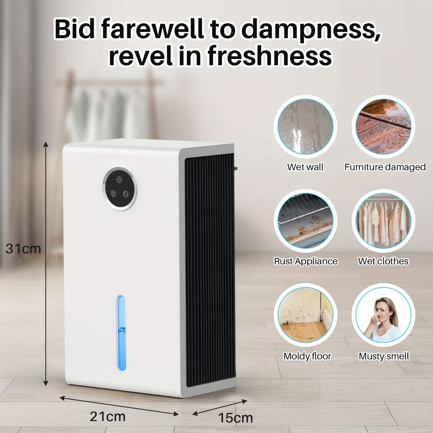 Portable Dehumidifier with an 88Oz Water Tank, Suitable for Bedrooms And Covering Up to 1000 Sq. Ft. It Operates Quietly And Efficiently Manages Moisture in Homes, Bathrooms, Basements, Rvs, And Closets. Features Include 7 LE