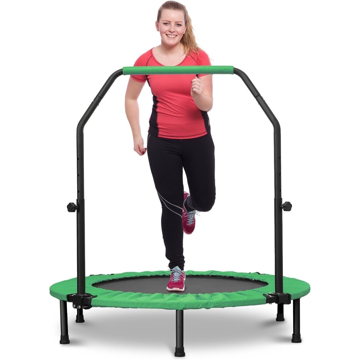 Foldable Mini Trampoline With Height-Adjustable Handle And Resistance Bands