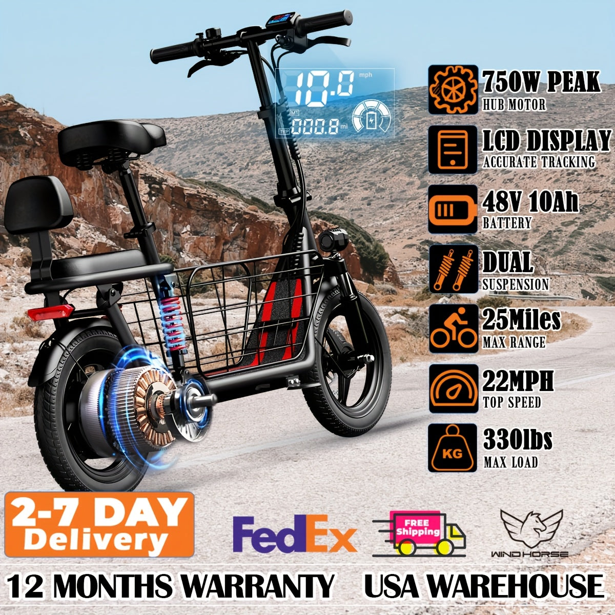 WINDHORSE Electric Scooter With Seat And Basket Dual Suspension