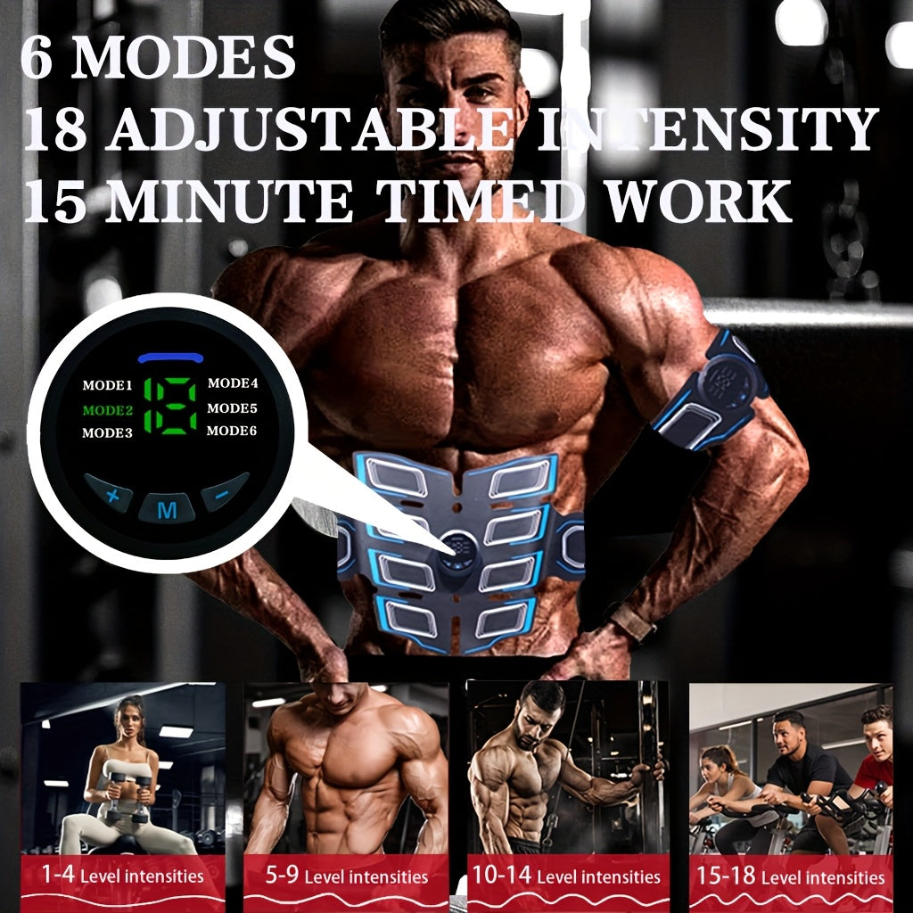EMS abdominal muscle stimulator, 1 abdominal belt+2 arms+3 host+gel film, muscle auxiliary stimulator, suitable for arm/ abdomen/ thigh, USB charging massager, EMS electronic massage, multi-functional muscle stimulator, 6 mod