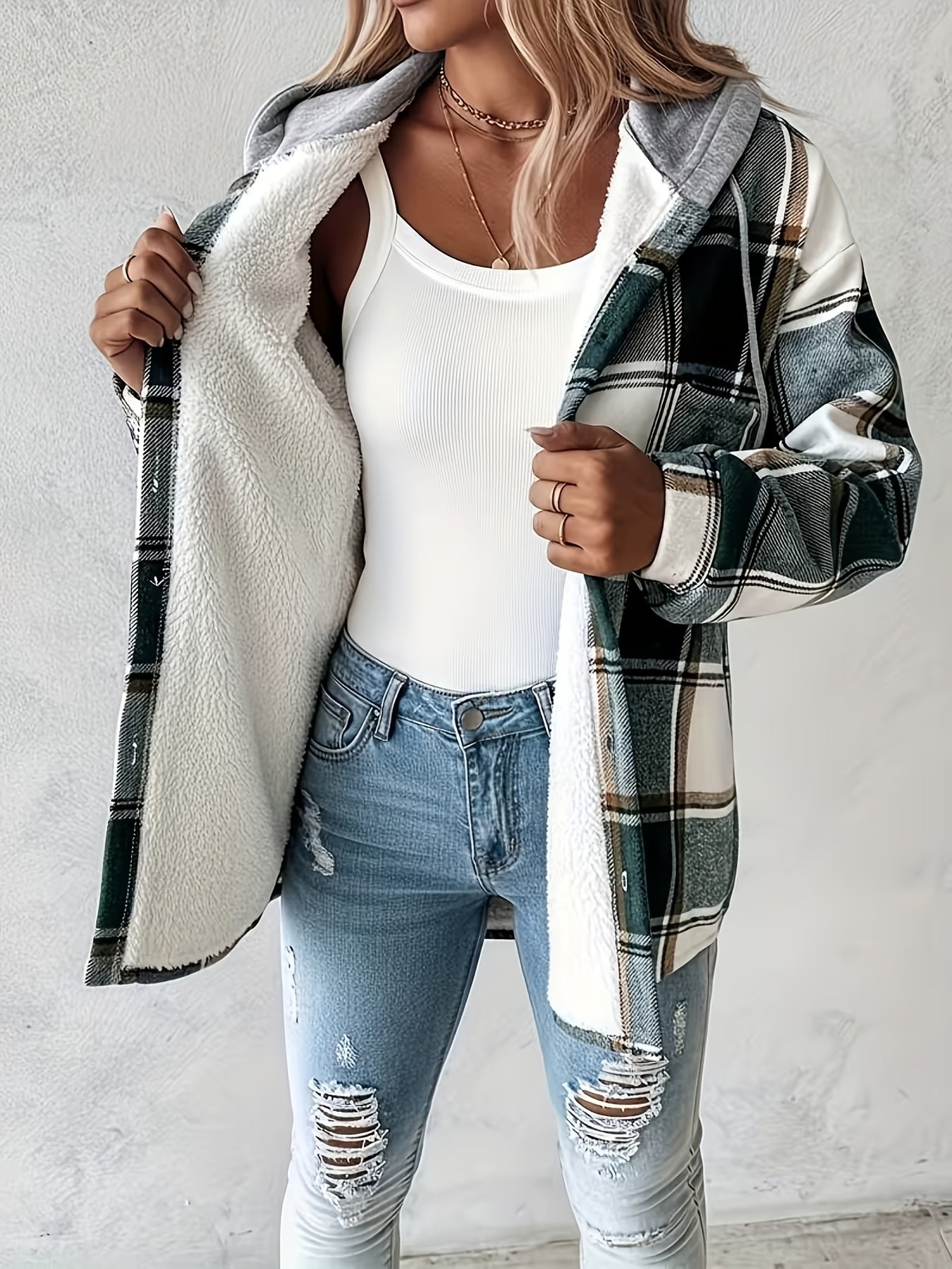 SCACTO Shacket Plaid Pattern Fleece-Lined Hooded Jacket