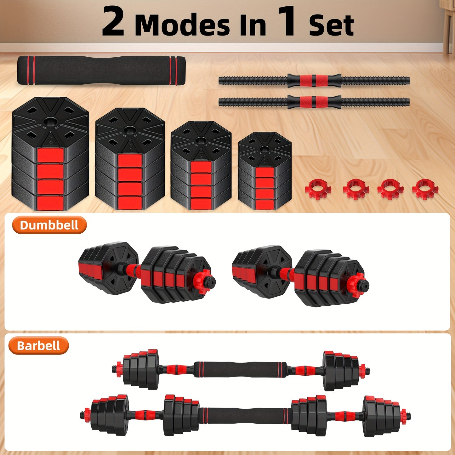 FIXTECH Adjustable Dumbbell Barbell Weight Set 20/66LBS 3in 1 Training Gym Workout Weights Set Fitness Weight Lifting Training Home Gym Office Equipment