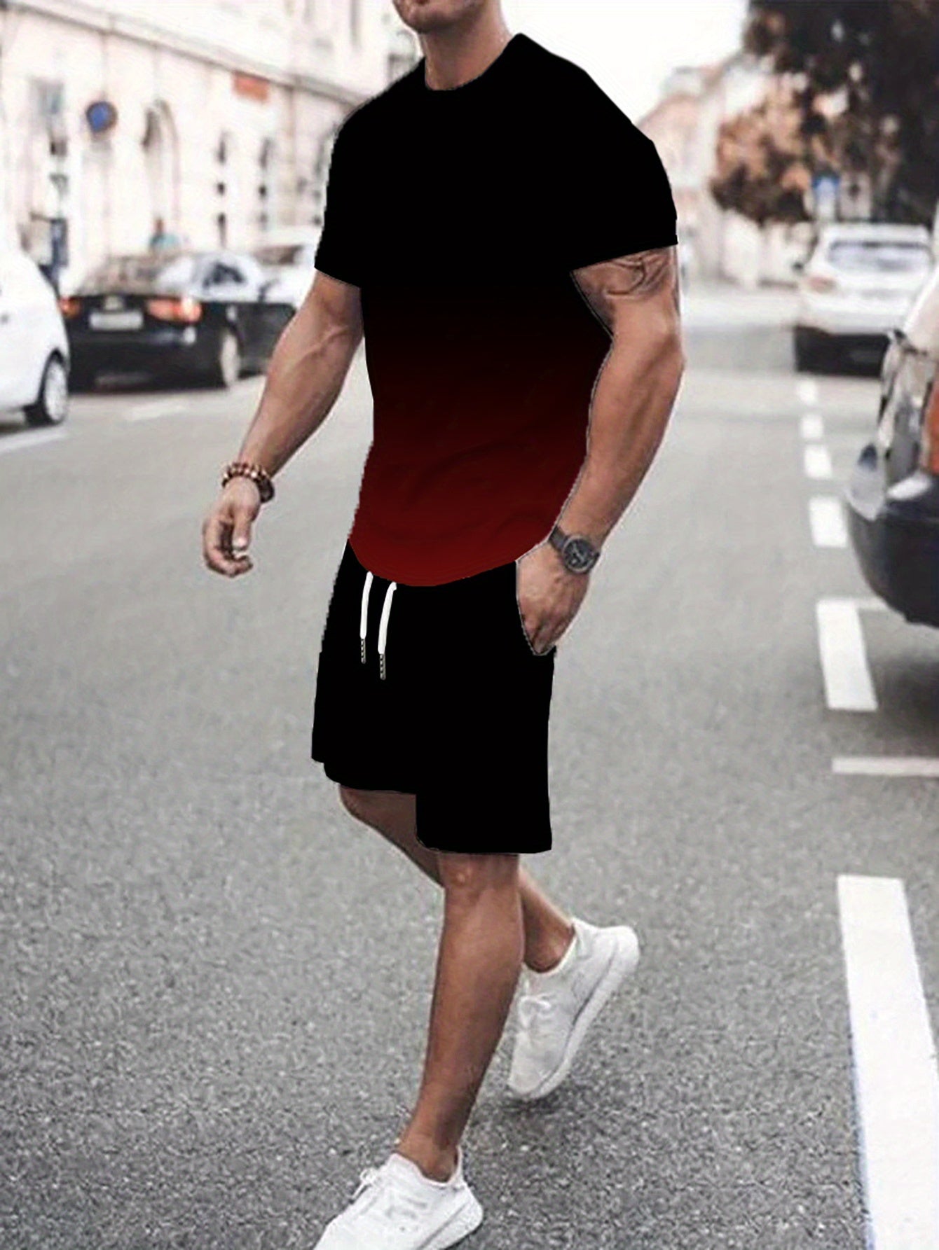 [Vintage Summer Suit Set] Breathable Vintage Men's Summer Suit | Digital Print Short Sleeve + Quick-Dry Shorts | Street Style Two-Piece Set