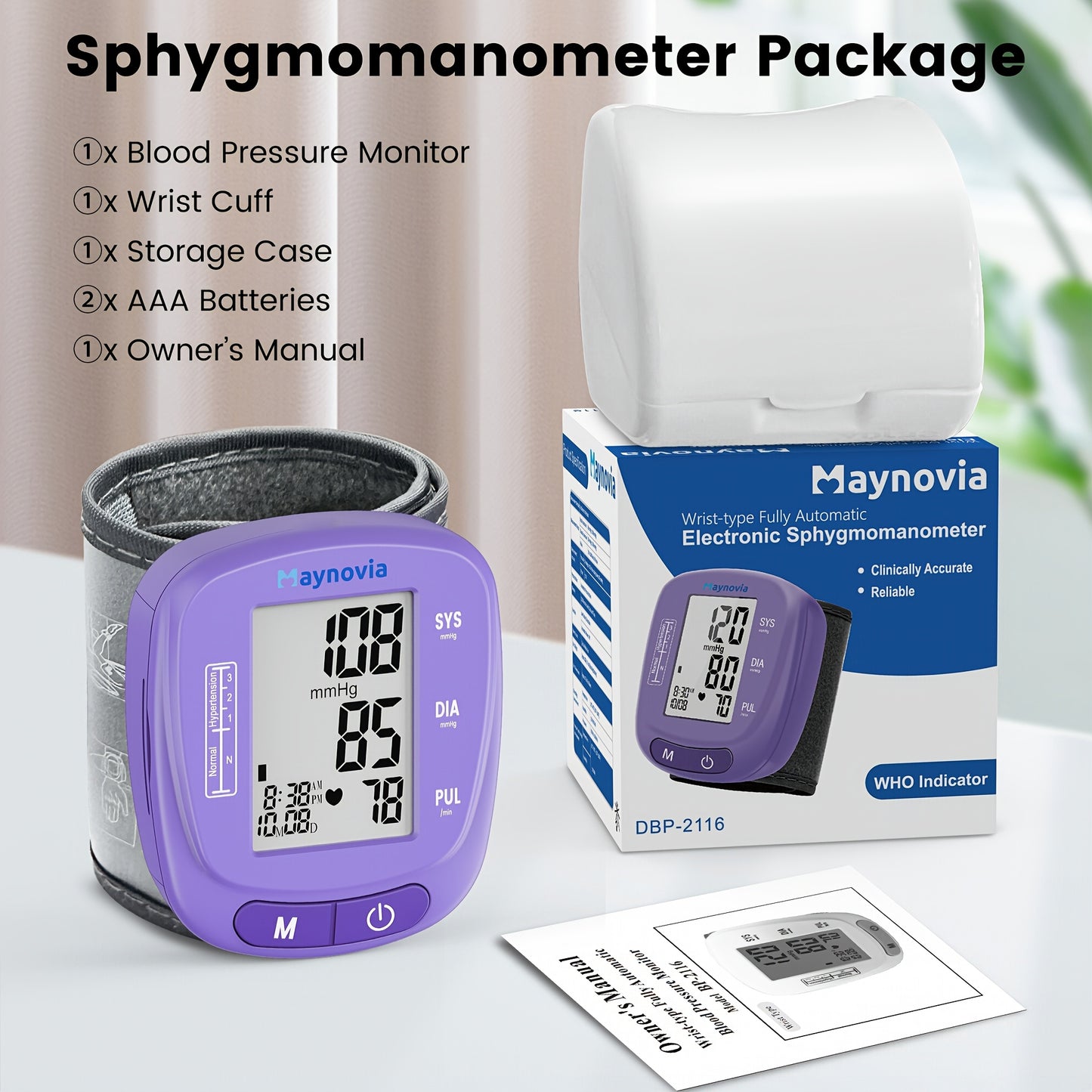 Maynovia Automatic Wrist Cuff Blood Pressure Monitors Large LED Display Hypertension Detector For Home Support 2 Users 120x2 Reading Memory With Carrying Box