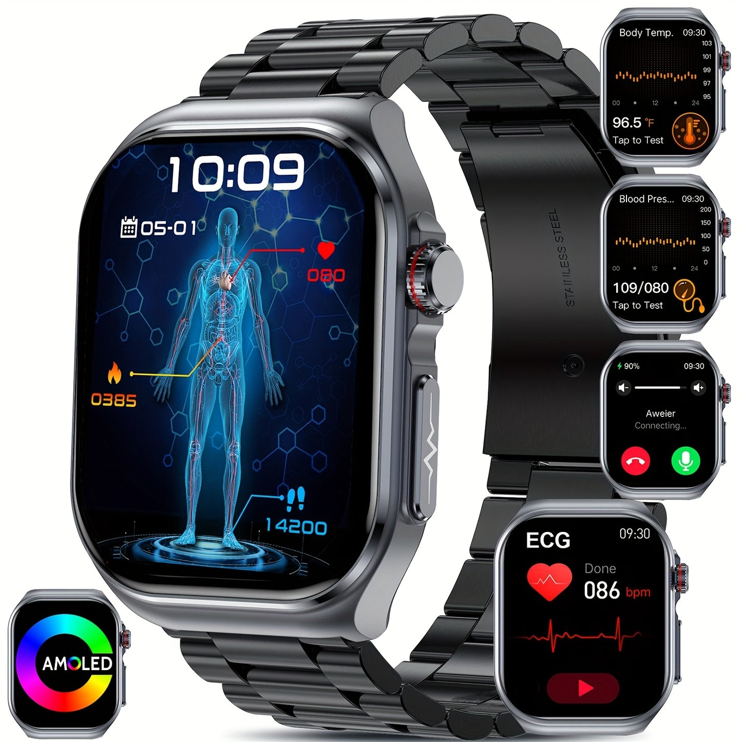 Smartwatch with 2.04" AMOLED Display, Long-Lasting Battery, Wireless Calling & NFC, Compatible for Android/iOS Smartphones, Voice Assistant/SOS, Menstrual Tracker & Weather App, Magnetic Charging, Unisex Smartwatch for Men &