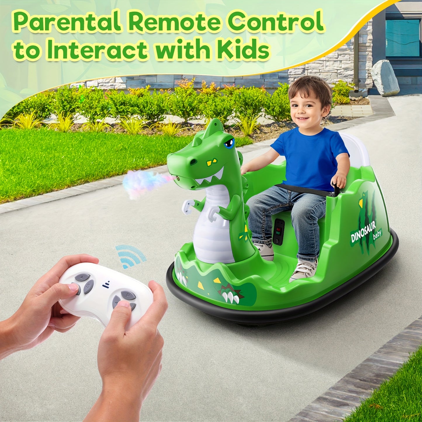 12V Kids Ride-On Bumper Car Suitable for with Parent Remote, Music, 360° Spin, 2 Driving Modes & 3-Speed - Power-Wheel Vehicle with Rubber Tires, Giraffe/LED Light or Dinosaur/LED Spray