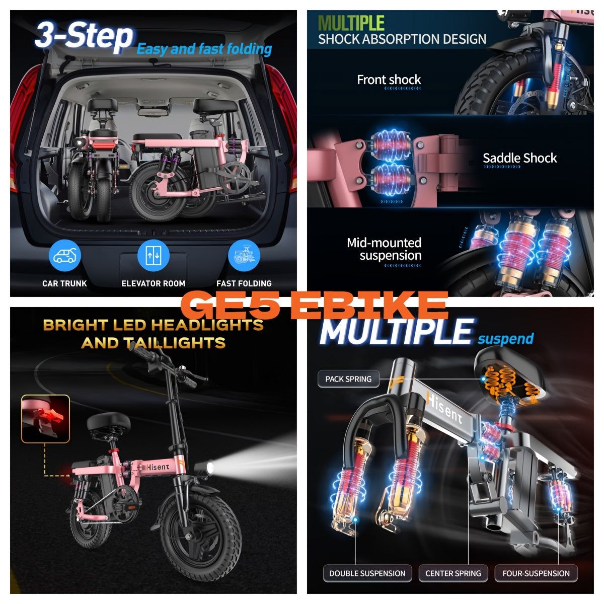 Hisent Foldable Electric Bike For Adults - Rated Power: 500W, Peak Power: 740W, Brushless Motor. Speed: 20MPH. Removable Battery: 48V 6Ah/10Ah/15Ah/17.5/20Ah. 14-inch High-quality Tires. Disc Brake + Front Suspension. LCD Scr