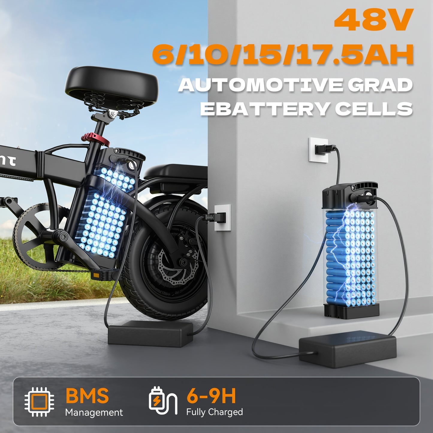 Hisent Adult Folding Electric Bike | 500W Rated, 740W Brushless Motor, 48V 6Ah/10Ah/15Ah/17.5Ah Lithium Battery, 8-32 Miles Range, 14 High-quality Tires, Alloy Steel Frame, LCD Display, Front and Rear