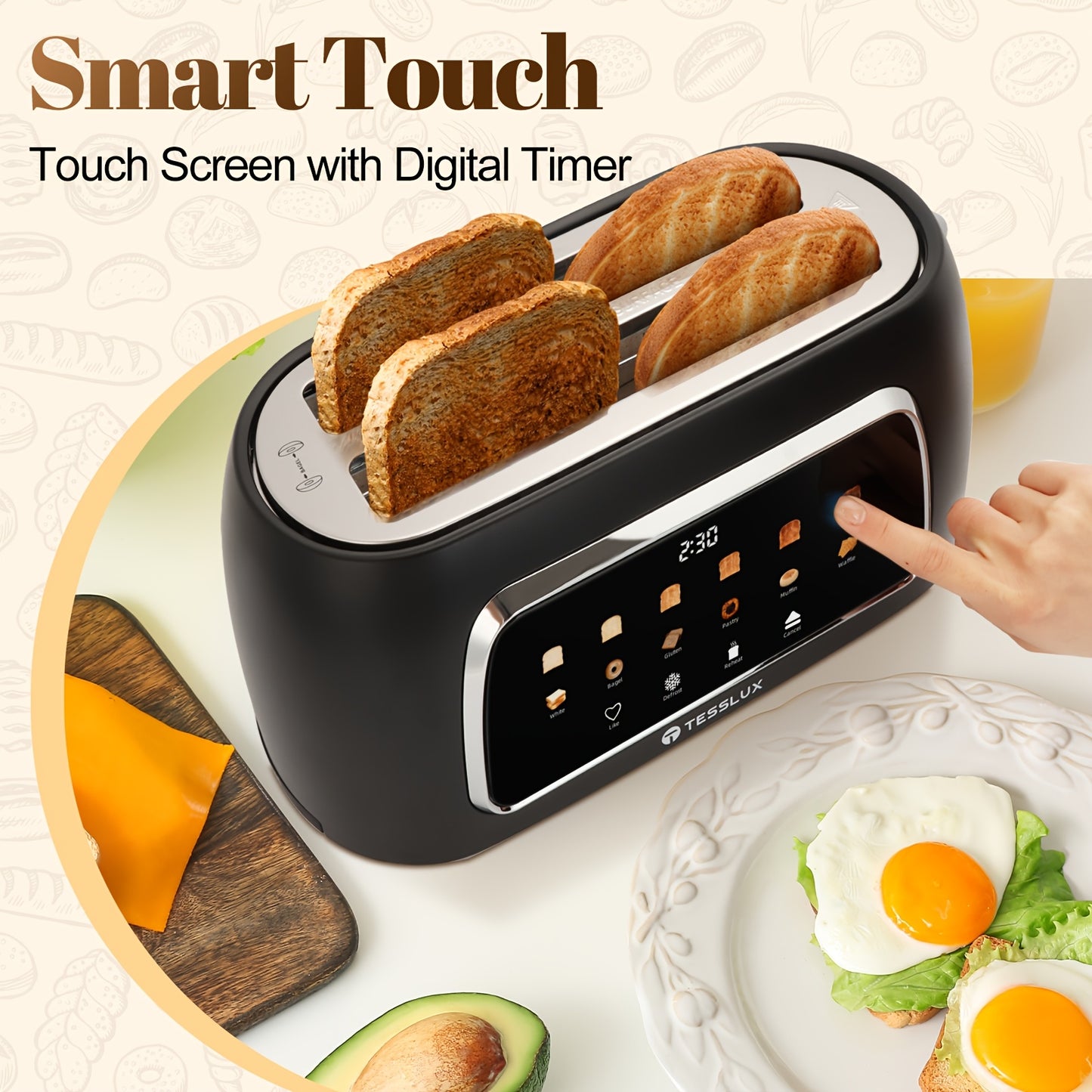 4 Slice Toaster With Touch Screen Control, 1.5" Wide Long Slots, 6 Browning Levels & 6 Bread Types, Digital Timer, Memory, Defrost, Reheat (BLACK)