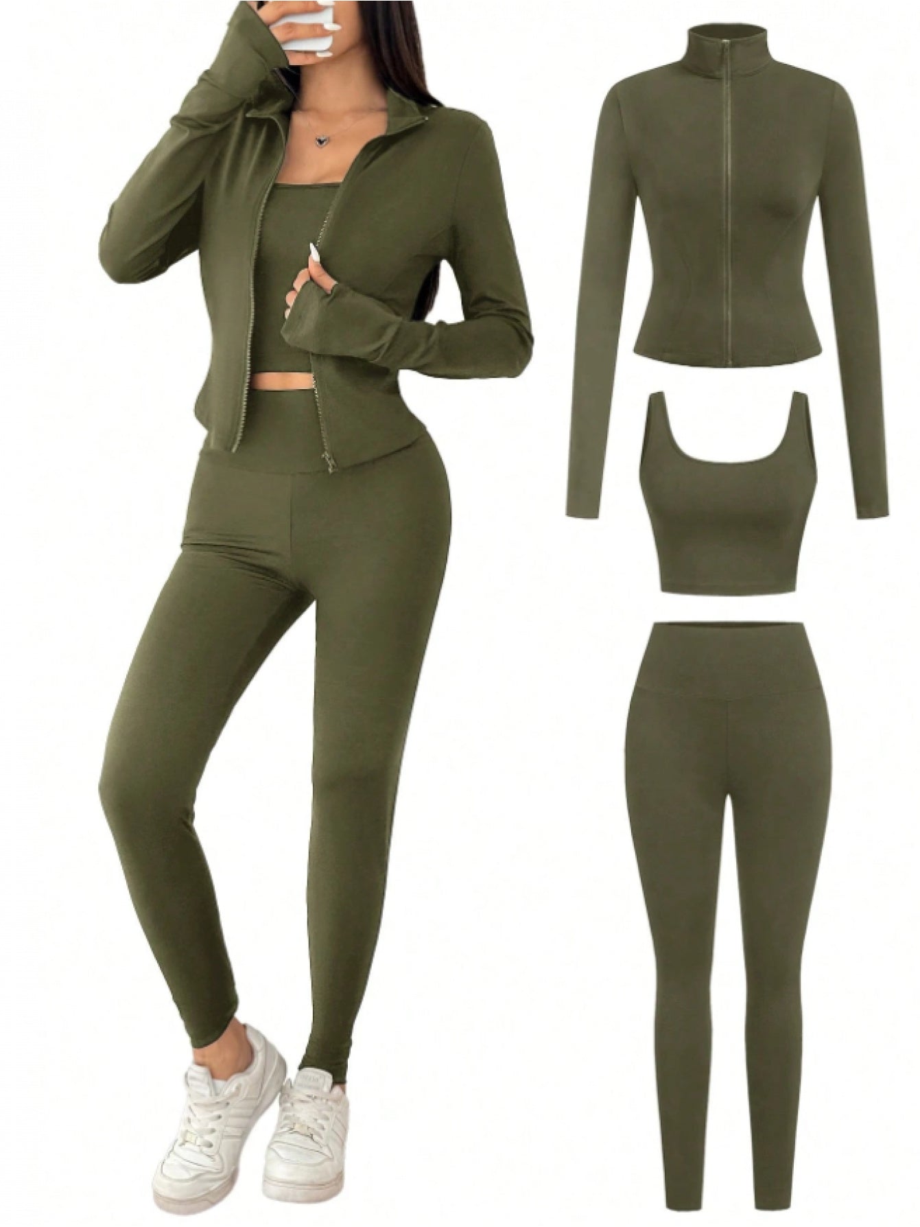 Yoga Set Zip-Up Cardigan, Camisole And Leggings Polyester Blend