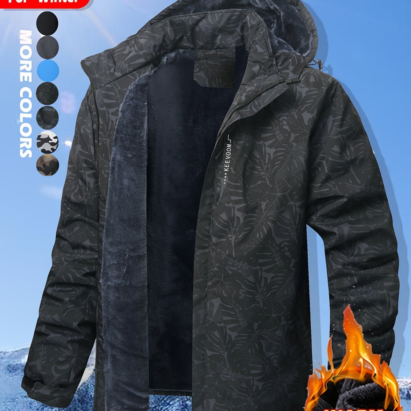 Keevoom Coat Hooded Fleece-Lined Winter Water-Resistant