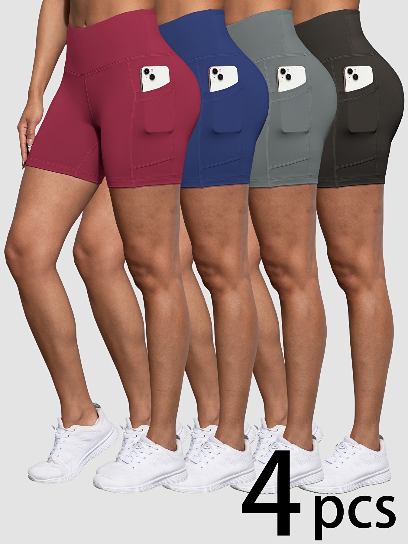 4 Pack Biker Shorts for Women with Pockets, 5" High Waisted Tummy Control Workout Yoga Running Gym Tennis Shorts