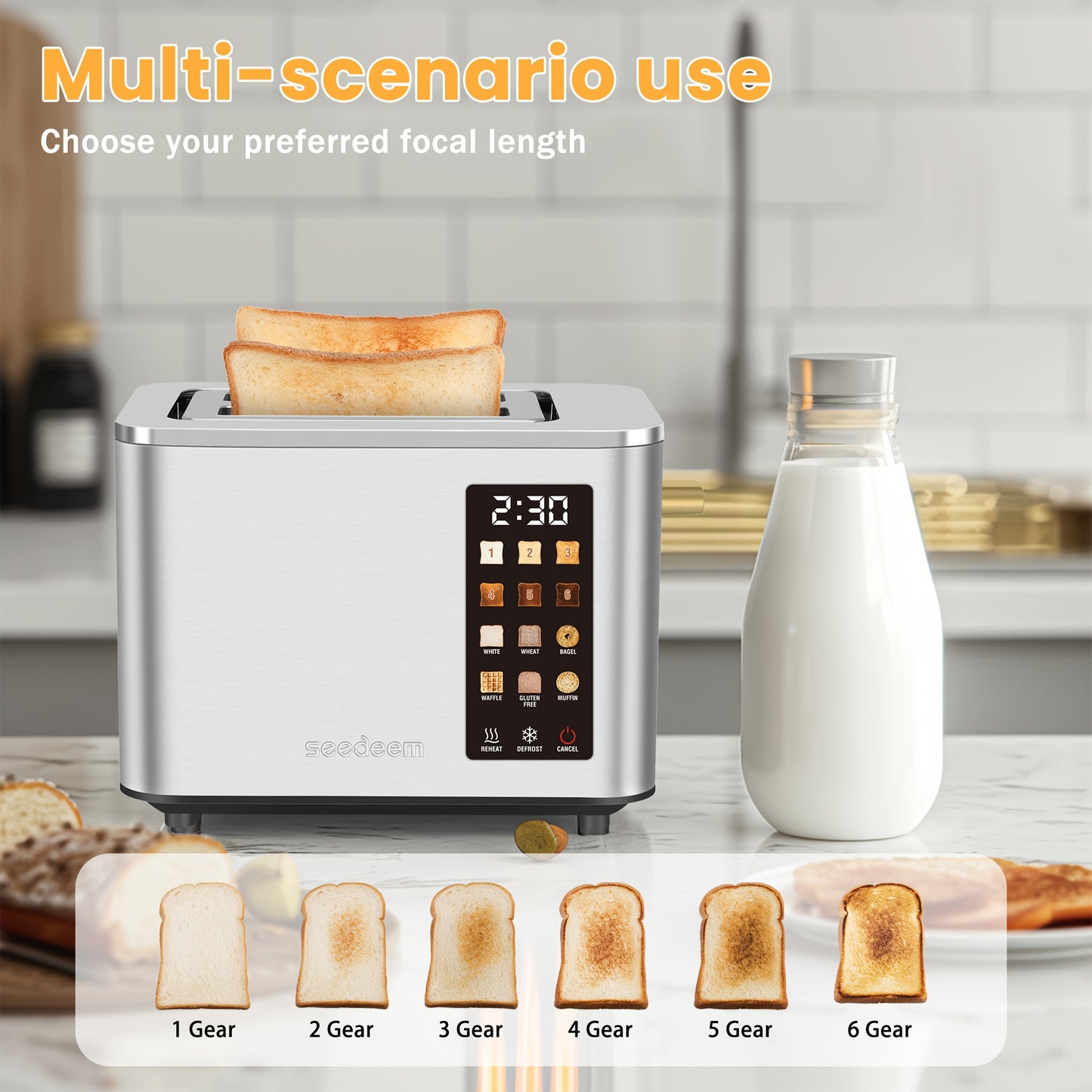 Touch Screen, Intelligent Stainless Steel 2pcs Toaster, 6 Tone Settings, 6 Bread Choices, Countdown, Unfreezing Cancellation And Other Functions, Movable Bread Crumb Tray, 900 Watts.