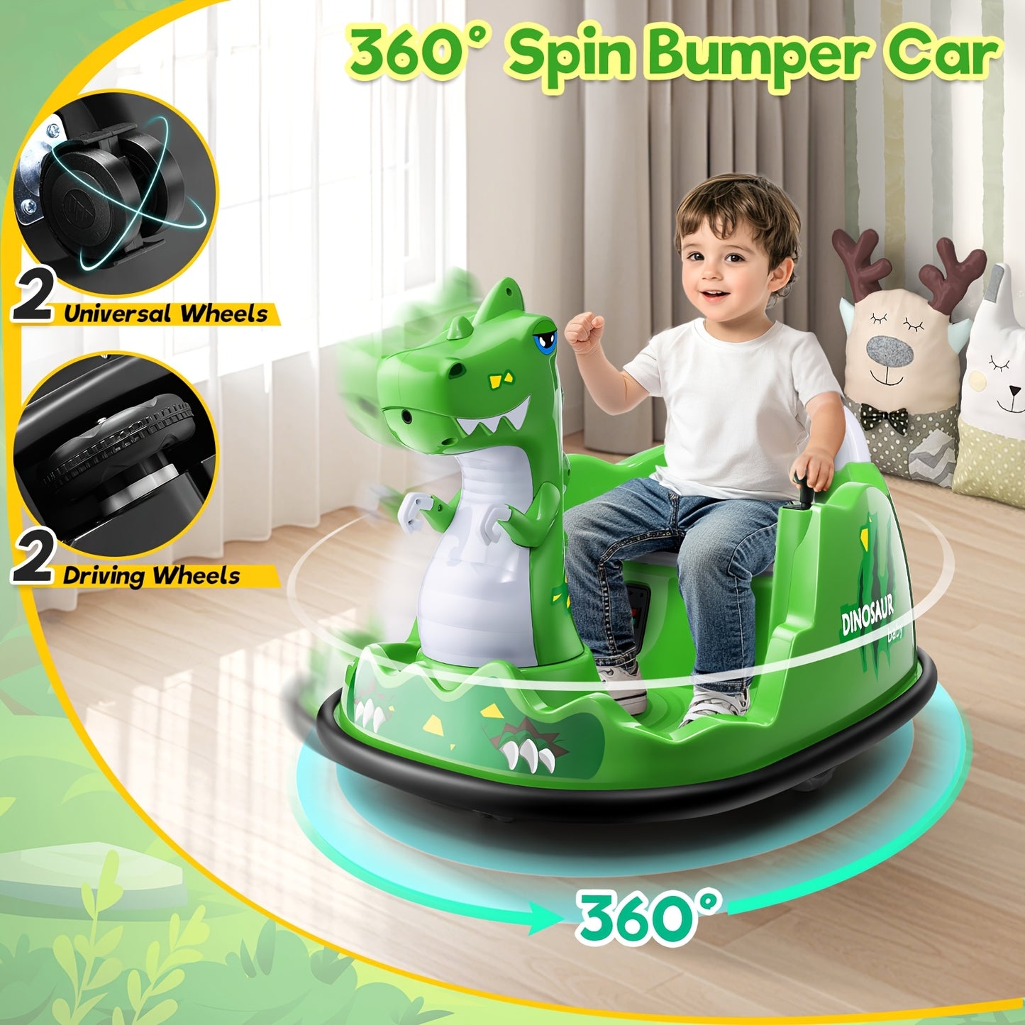 12V Kids Ride-On Bumper Car Suitable for with Parent Remote, Music, 360° Spin, 2 Driving Modes & 3-Speed - Power-Wheel Vehicle with Rubber Tires, Giraffe/LED Light or Dinosaur/LED Spray
