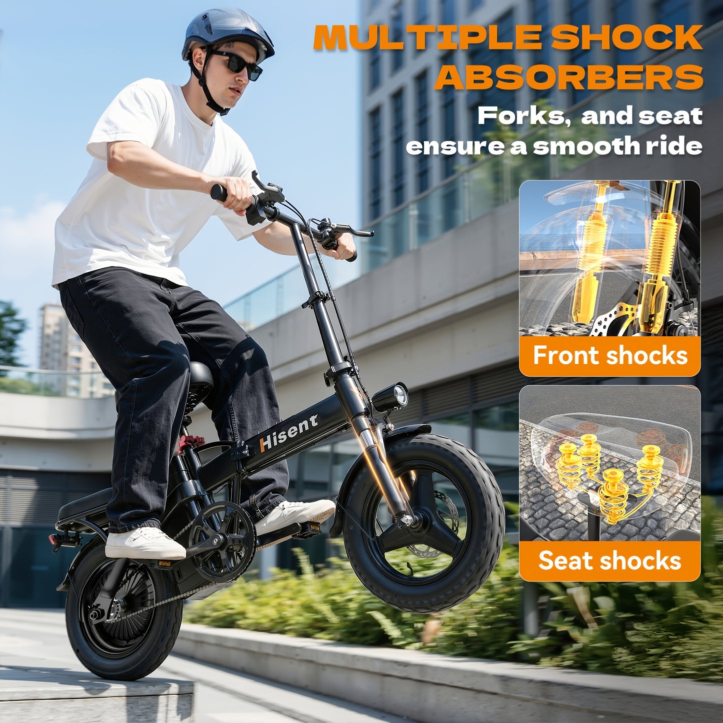 Hisent Adult Folding Electric Bike | 500W Rated, 740W Brushless Motor, 48V 6Ah/10Ah/15Ah/17.5Ah Lithium Battery, 8-32 Miles Range, 14 High-quality Tires, Alloy Steel Frame, LCD Display, Front and Rear
