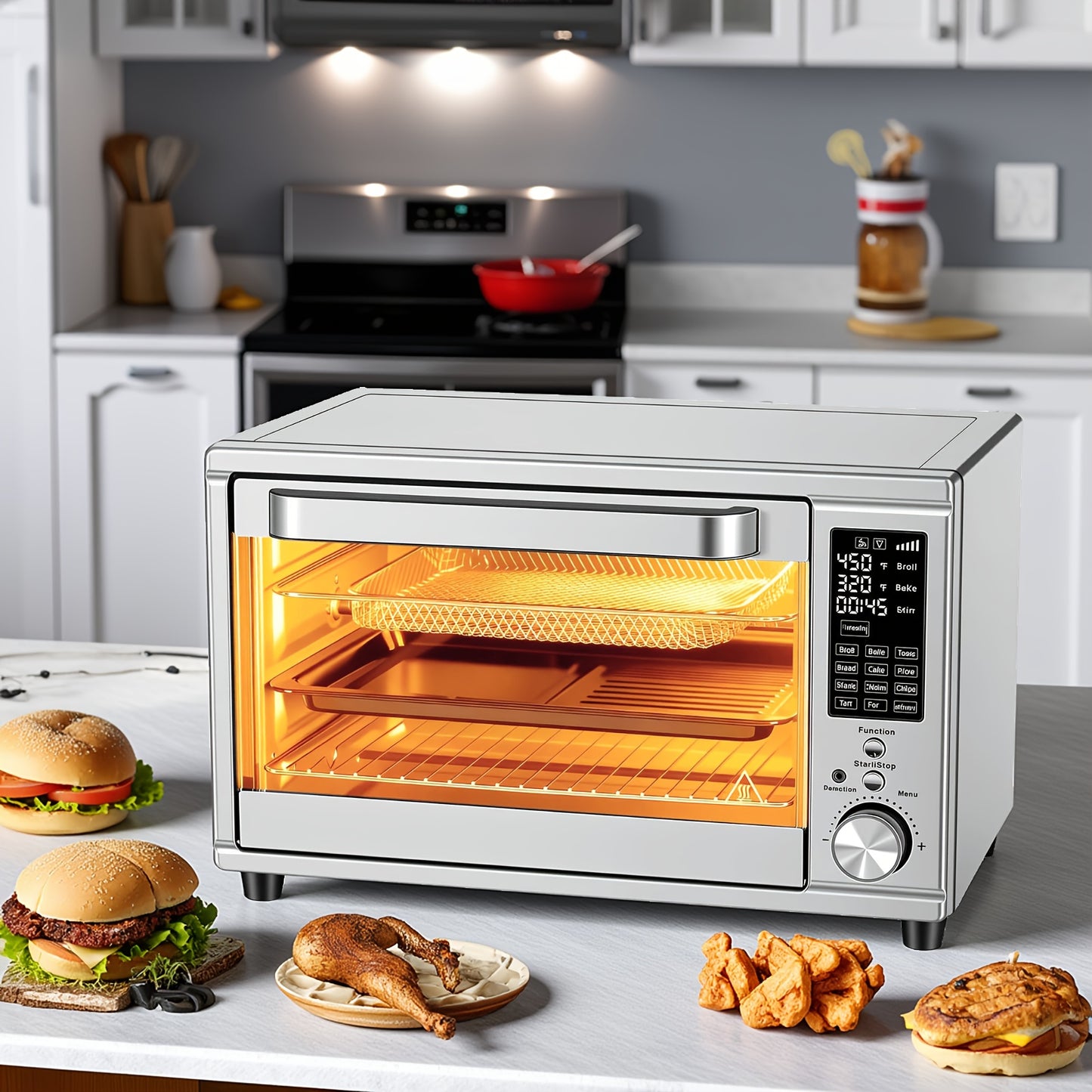 Air Fryer Toaster Oven Combo, Large/ Extra Large Countertop Convection Oven, 450°F, Stainless Steel, Includes 4/7 Accessories (Rotisserie, Tray, Rack, Pan)