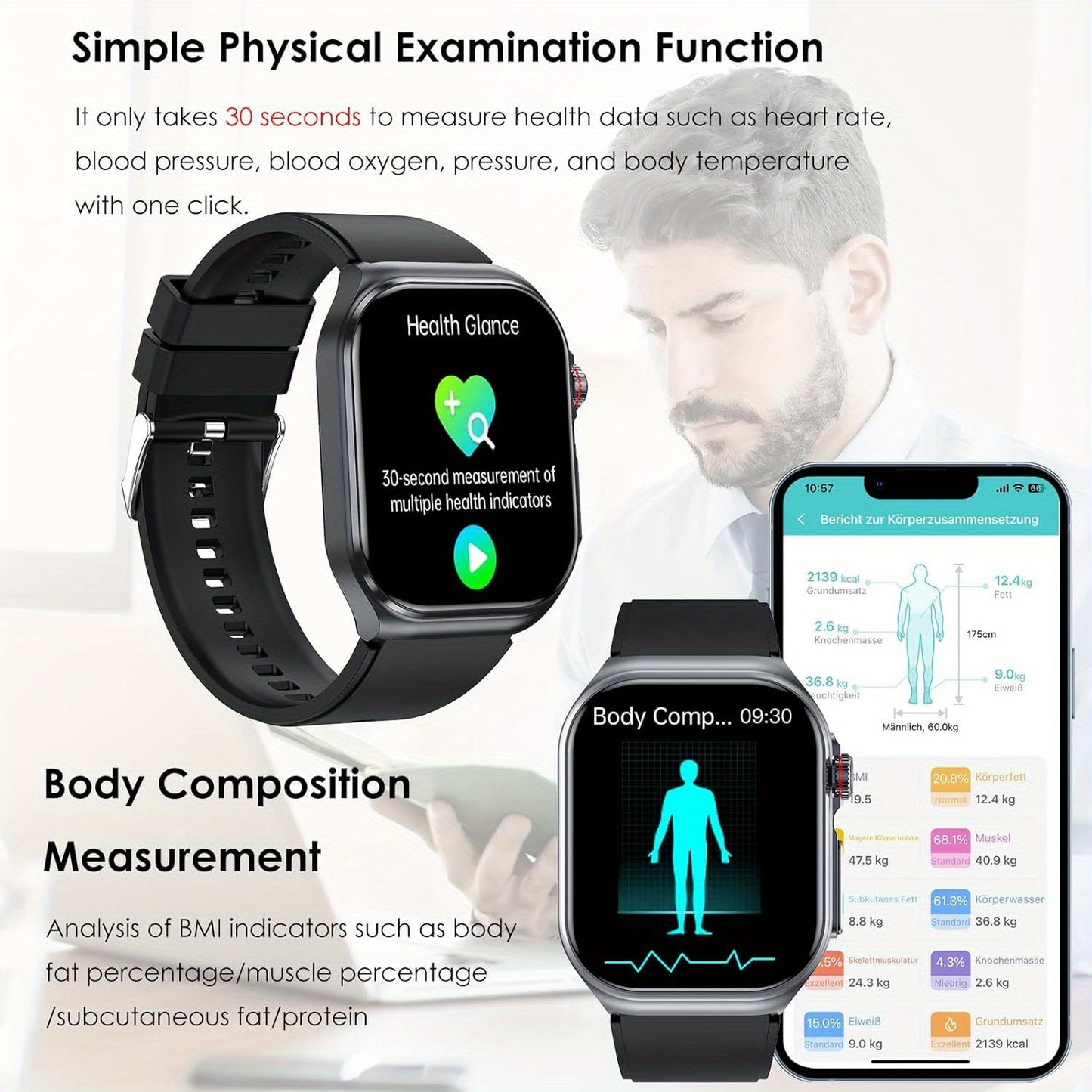 Smartwatch with 2.04" AMOLED Display, Long-Lasting Battery, Wireless Calling & NFC, Compatible for Android/iOS Smartphones, Voice Assistant/SOS, Menstrual Tracker & Weather App, Magnetic Charging, Unisex Smartwatch for Men &