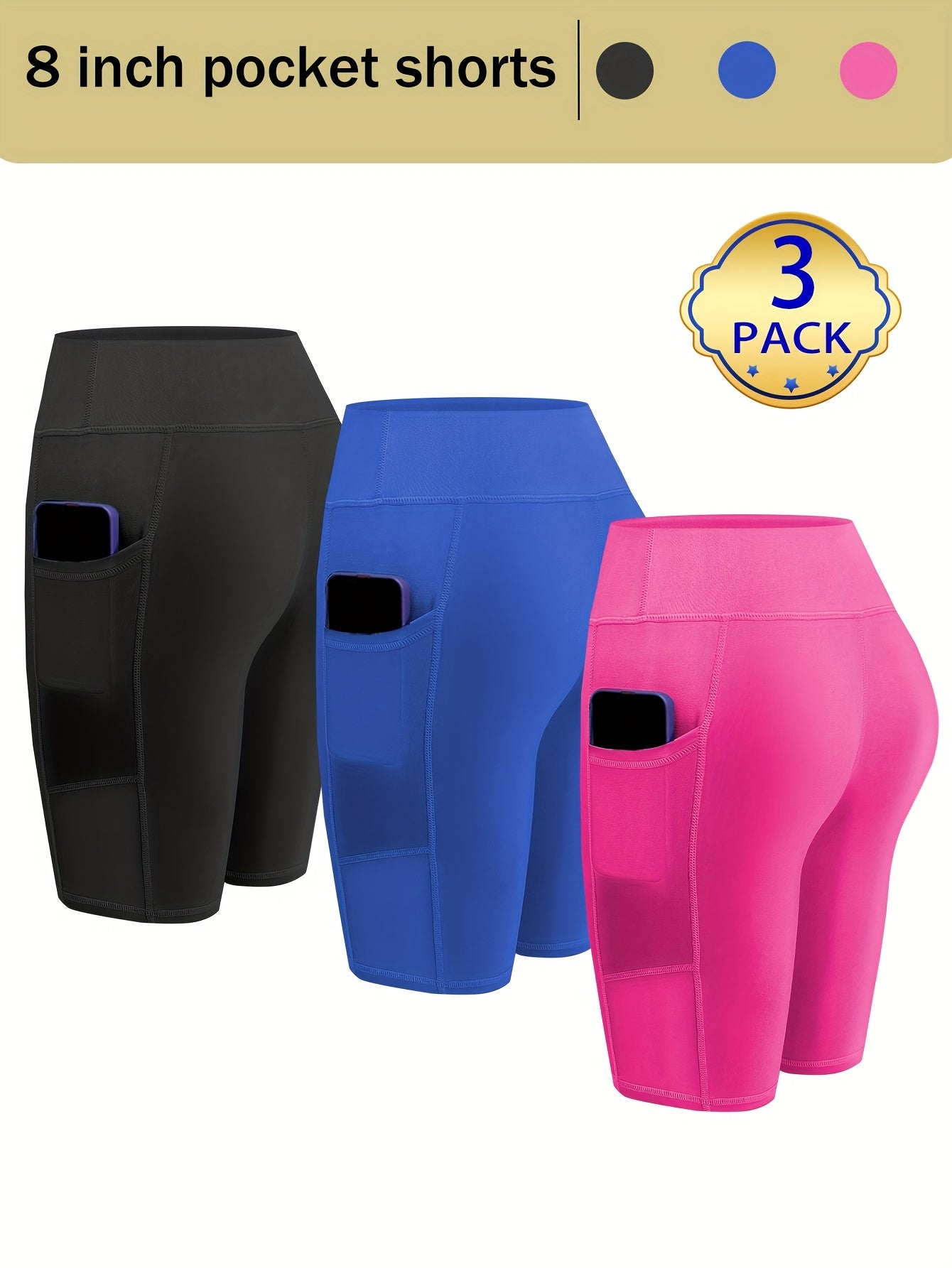 Womens 3pcs Biker Yoga Shorts with Pockets Short Leggings 8" Inseam Tummy Control High Waisted Spandex Athletic Running Workout Gym Shorts