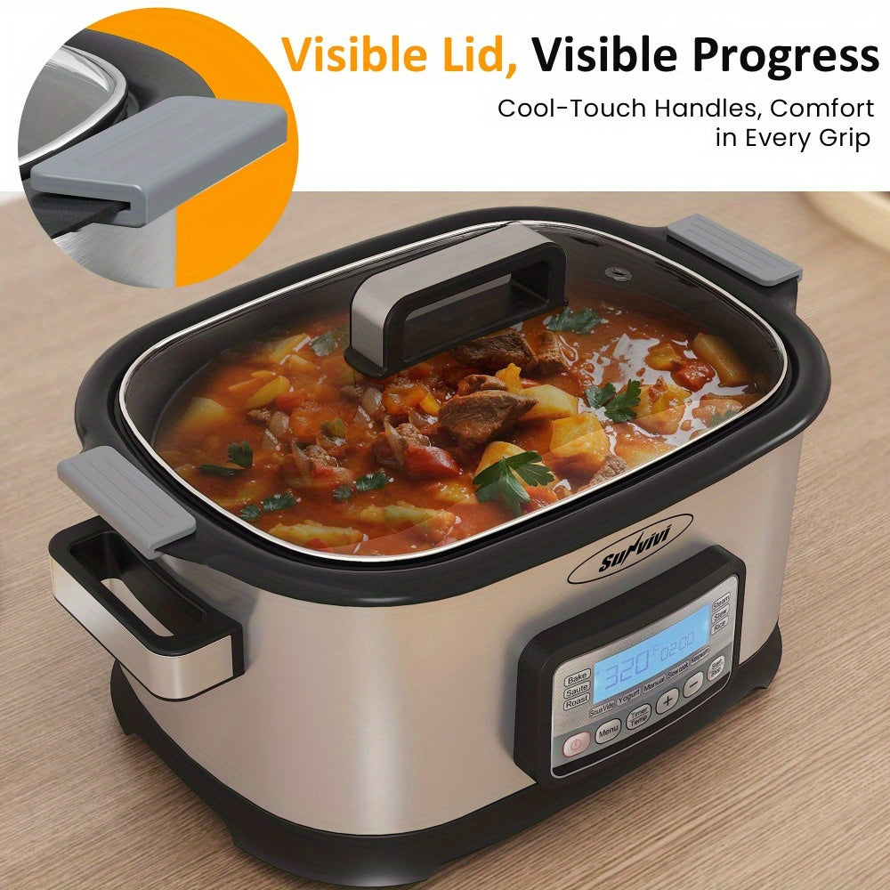 6.5QT 11-in-1 Silver Slow Cooker Digital Programmable Roaster Oven with Rack Nonstick Crock Glass Lid Timer Temp Control Delay Start for Spring Family Meals