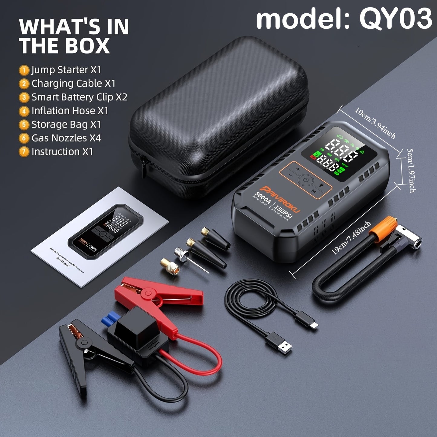 7-in-1 Portable Jump Starter with Air Compressor, 150 PSI Air Pump for Car Tires, 5000A Peak Jump Starter for Car (7.0LGas/1.59gal Diesel), LCD Display, LED Flashlight and Emergency Light, QC3.0 Fast Charging Portable Power B