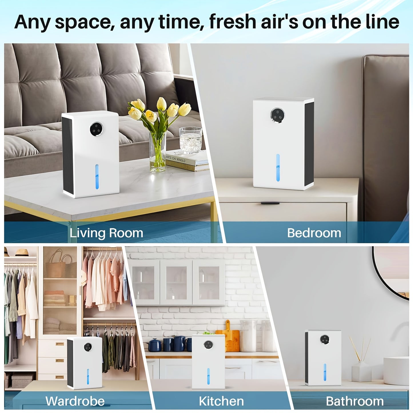 Portable Dehumidifier with an 88Oz Water Tank, Suitable for Bedrooms And Covering Up to 1000 Sq. Ft. It Operates Quietly And Efficiently Manages Moisture in Homes, Bathrooms, Basements, Rvs, And Closets. Features Include 7 LE